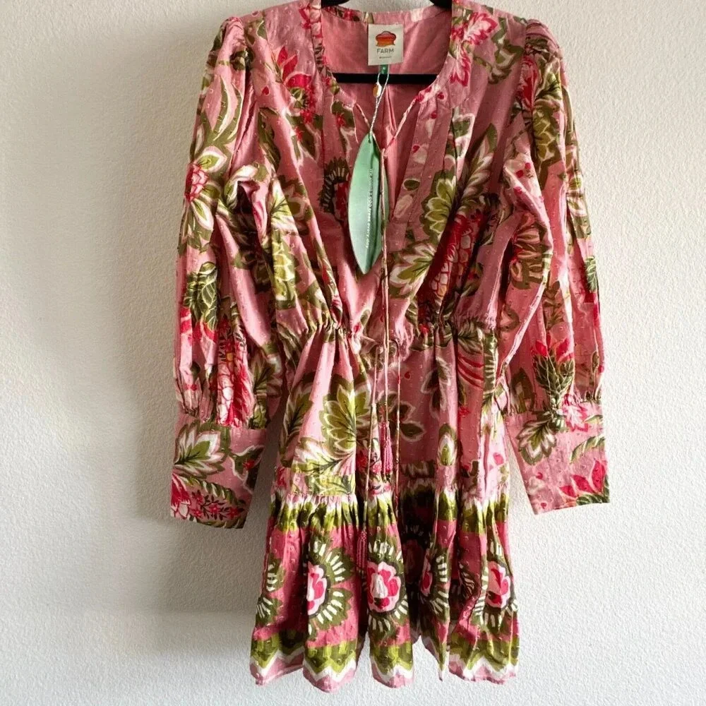 Farm Rio New Aura Floral Pink Tiered Mini Peasant Dress Medium Long Sleeve - Picture 3 of 15